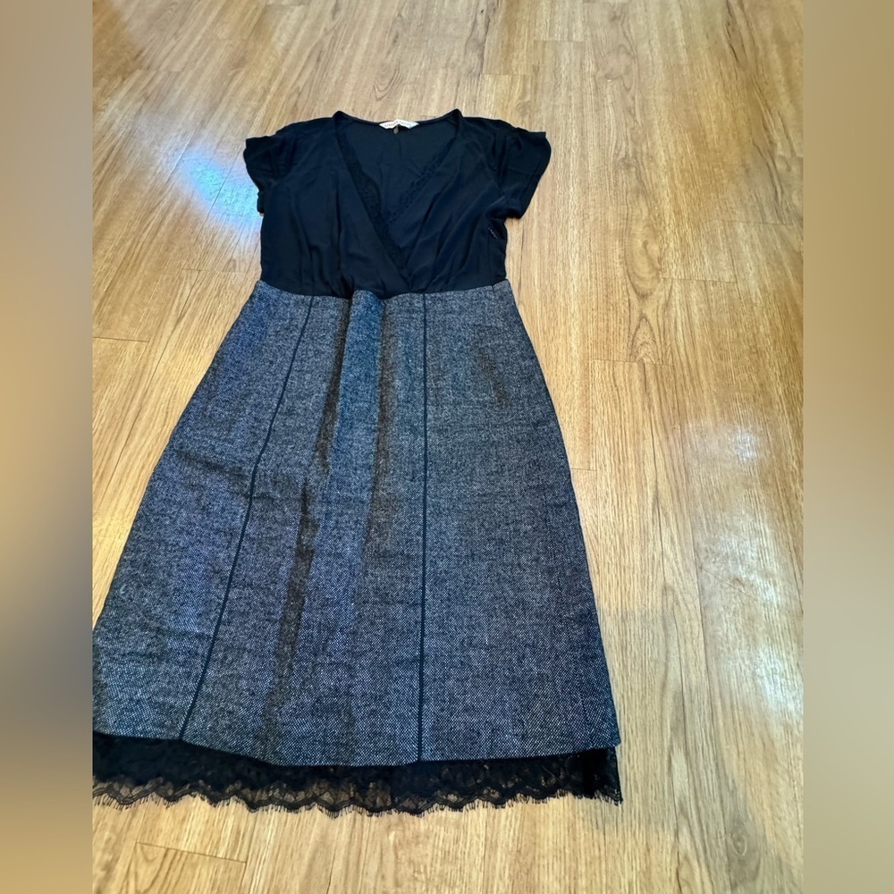 Rebecca Taylor Sz 10 Black Gray Lace Dress Linen Blend V-neck career - Picture 2 of 11